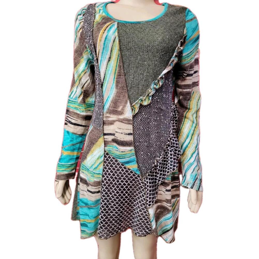 ADORE Artsy Patchwork Lagenlook Size S Women's Sequined Multicolor Dress #W7